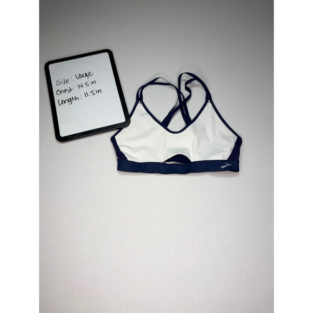 Brooks White Navy Blue Dare Crisscross Run Sports Bra Women's Large - Picture 2 of 5